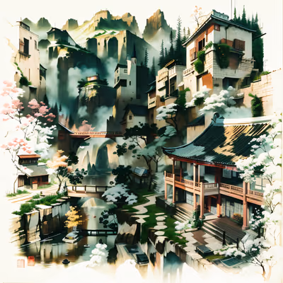 Misty Cliffside Village Ink Scenery QR Code Art — image 1