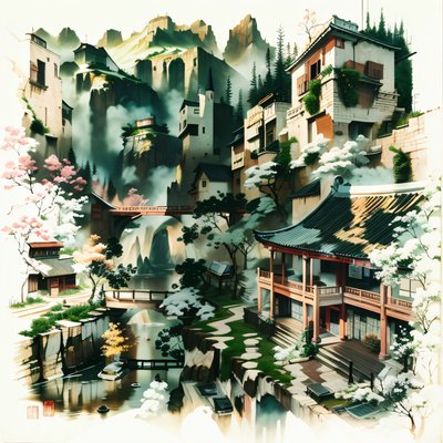Misty Cliffside Village Ink Scenery QR Code Art
