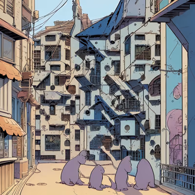 Comic Street Scene Purple Creatures QR Code for Posters — image 1