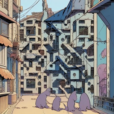 Comic Street Scene Purple Creatures QR Code for Posters