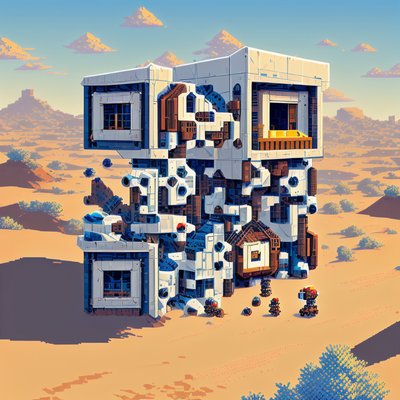 Pixel Desert Outpost with Robots QR Code for Posters
