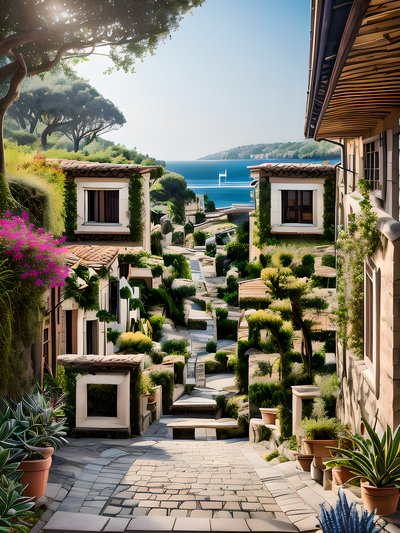 Mediterranean Seaside Alley Photorealistic QR Code for Posters