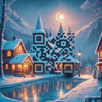 Snowy Christmas Village Painting Night Scene QR Code for Greeting Cards