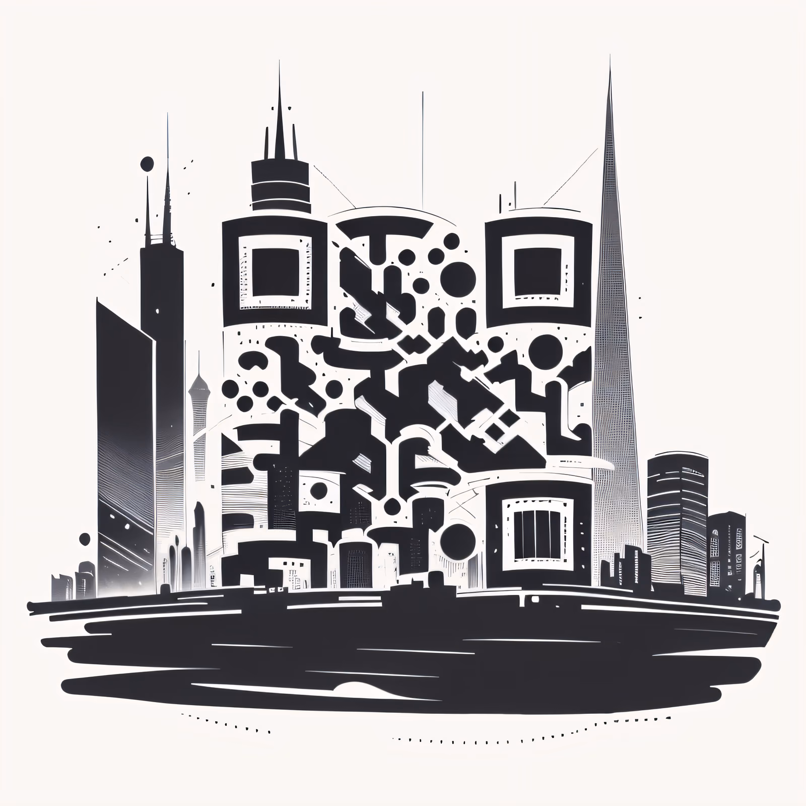 未来天际线墨线纹身二维码艺术,适用于海报 — 图片 1