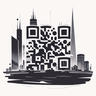 未来天际线墨线纹身二维码艺术,适用于海报 — 图片 1