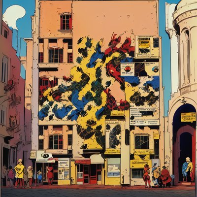 Comic Panel City Facade Mural QR Code for Posters
