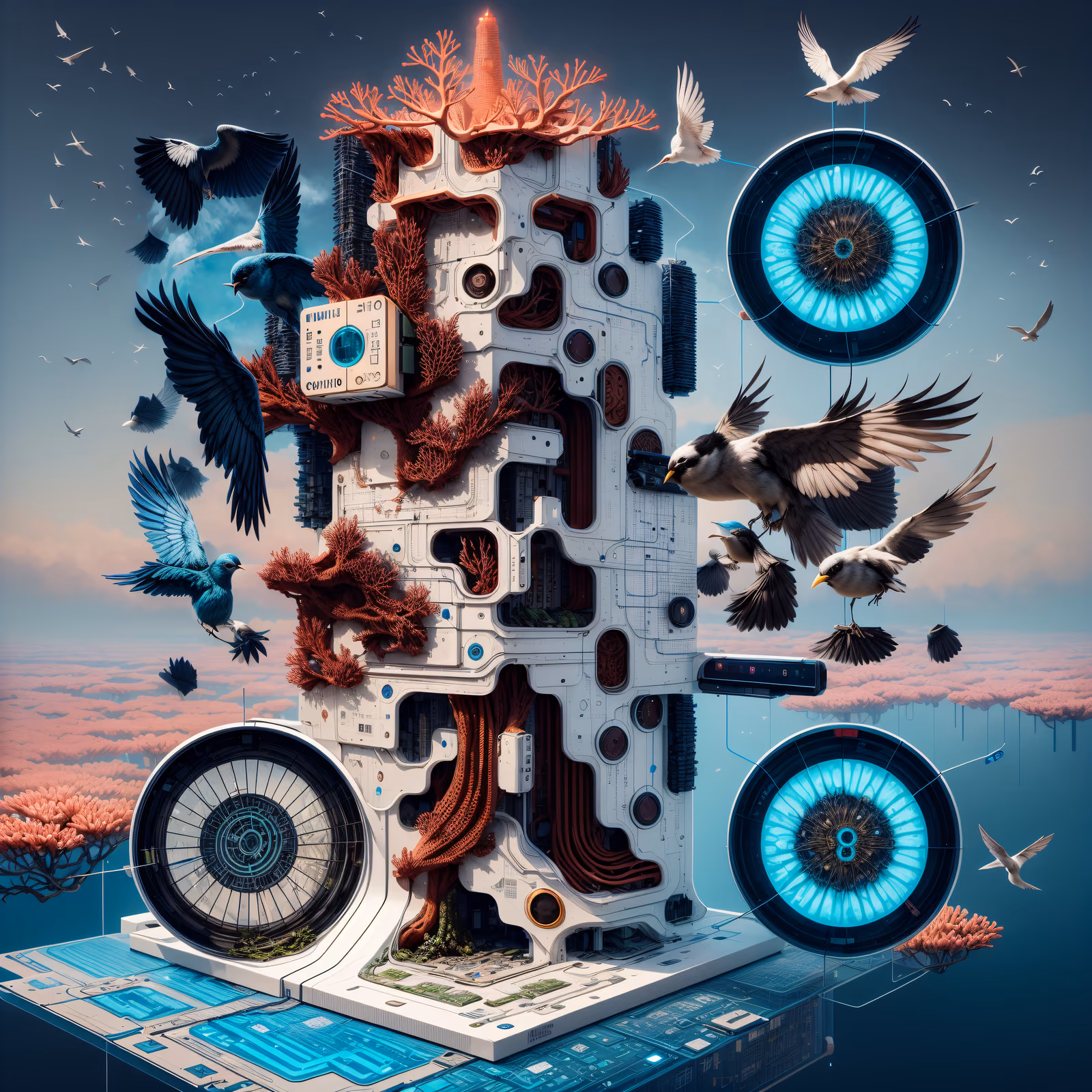 Coral Circuit Tower Surreal 3D QR Code Art — image 1