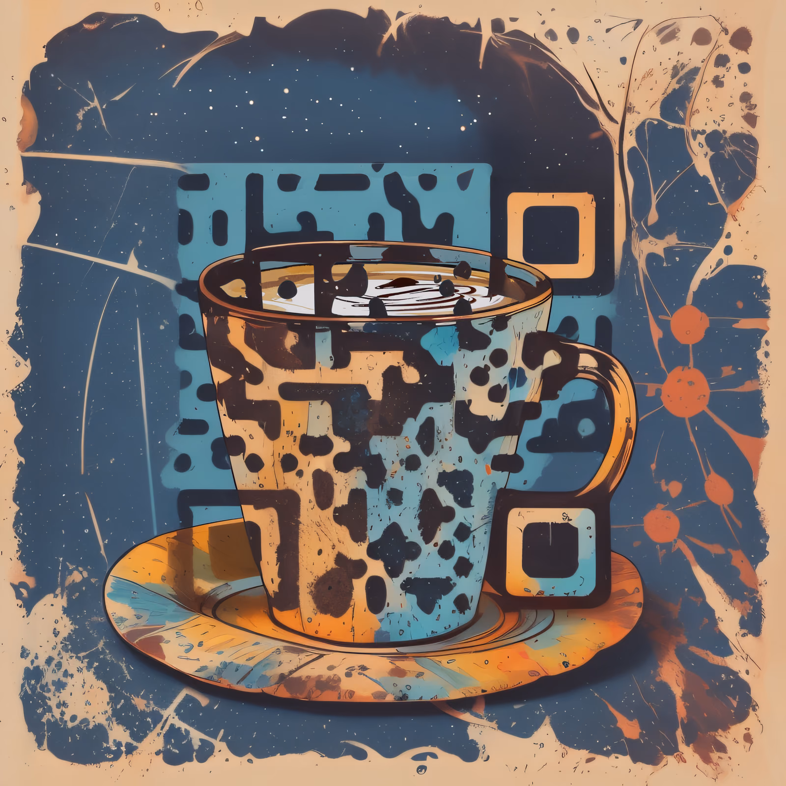Retro Coffee Cup Weathered QR Code for Stickers — image 1