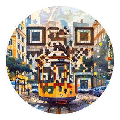 Vintage Tram Cityscape Vector Train QR Code for Stickers