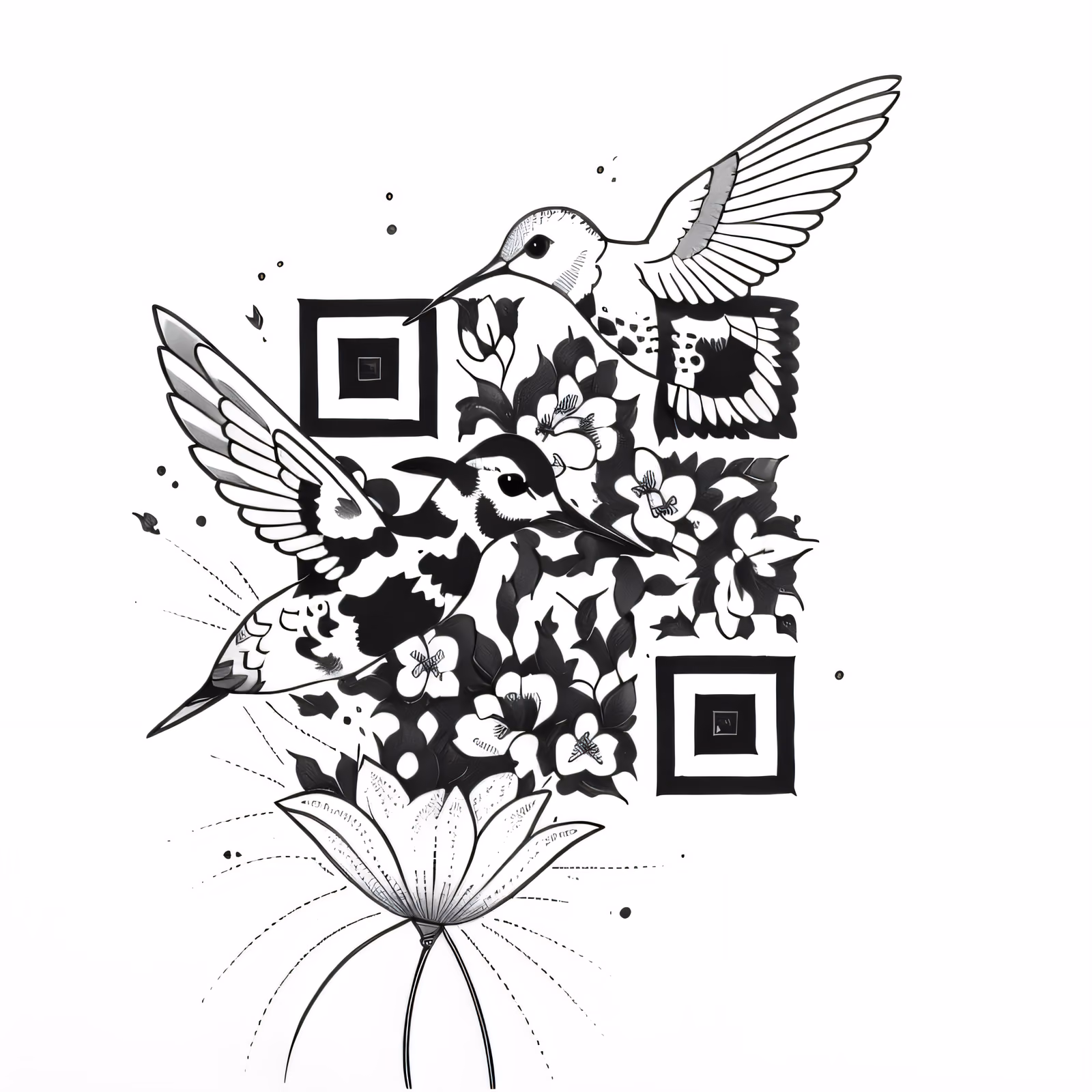 蜂鸟与花朵纹身风格二维码艺术,适用于临时纹身 — 图片 1