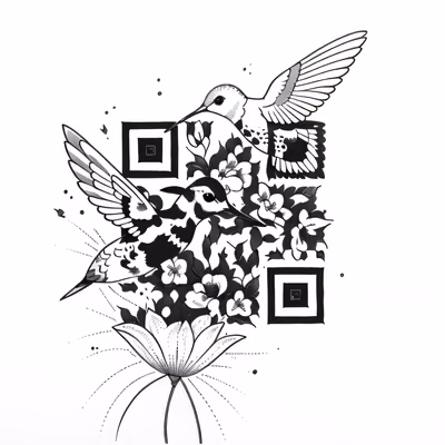 蜂鸟与花朵纹身风格二维码艺术,适用于临时纹身 — 图片 1