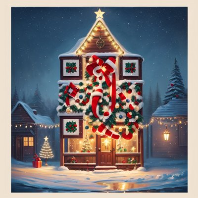Christmas Wreath House Oil Painting QR Code for Greeting Cards