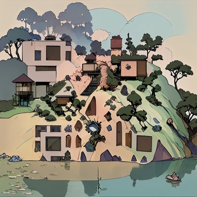 Hillside Village Comic Style QR Code Art