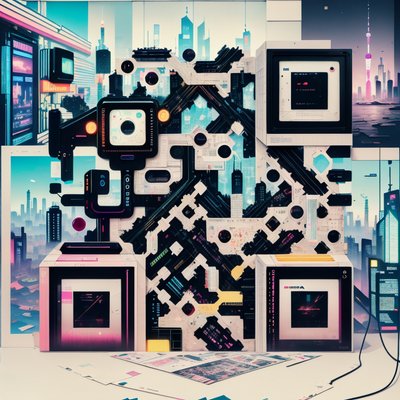Cyberpunk Cityscape Paper Collage QR Code for Posters