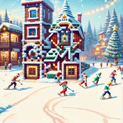 Snowy Christmas Village Game Art Christmas Tree QR Code for Greeting Cards
