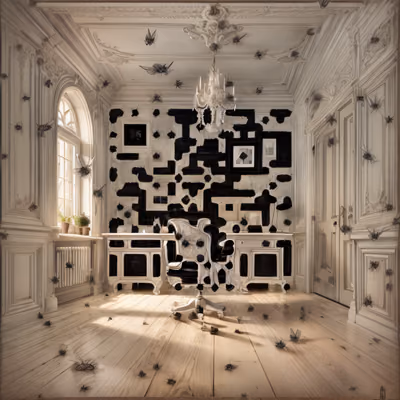 Барочная комната с пауками: сюрреалистичное QR-код искусство — изображение 1