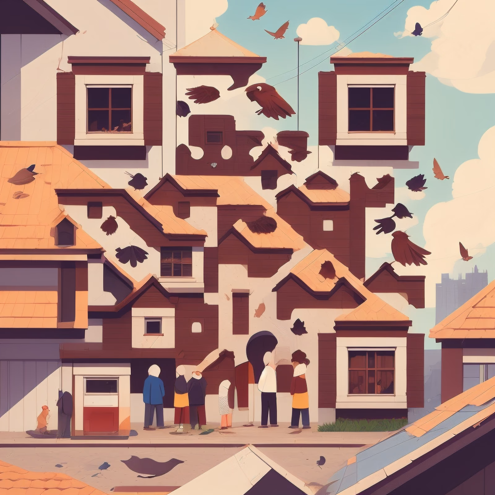 Village Rooftops With Birds Storybook QR Code Art — image 1