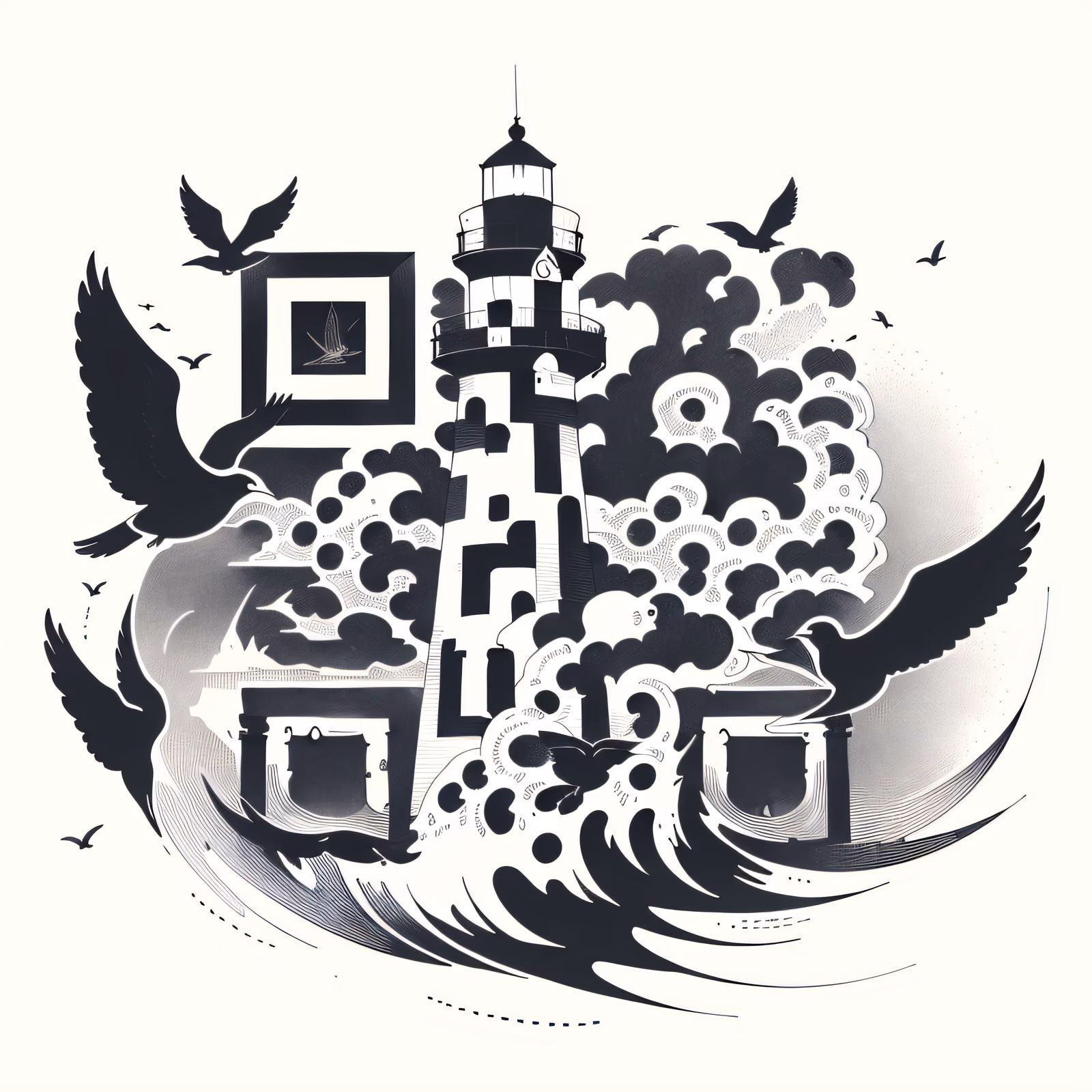 Маяк и чайки: QR-код в стиле тату для временных татуировок — изображение 1