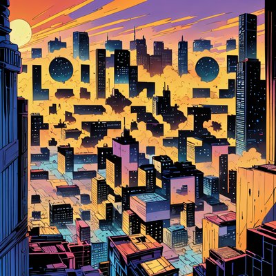 Sunset City Skyline Comic Book QR Code for Posters