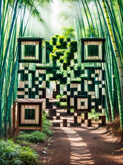 Misty Bamboo Grove Lantern Path QR Code Poster