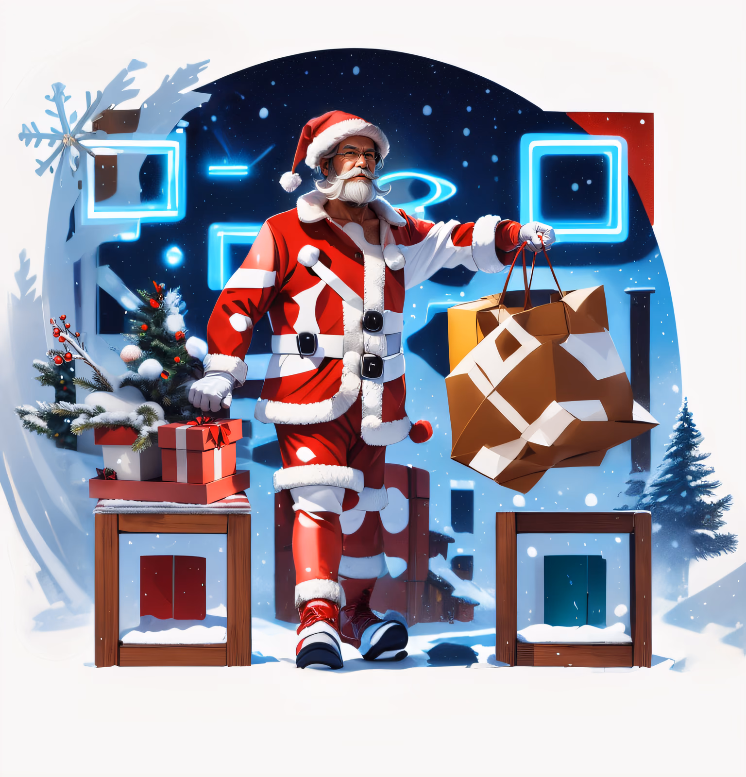 Santa With Gift Bag Neon QR Code for Greeting Cards — image 1