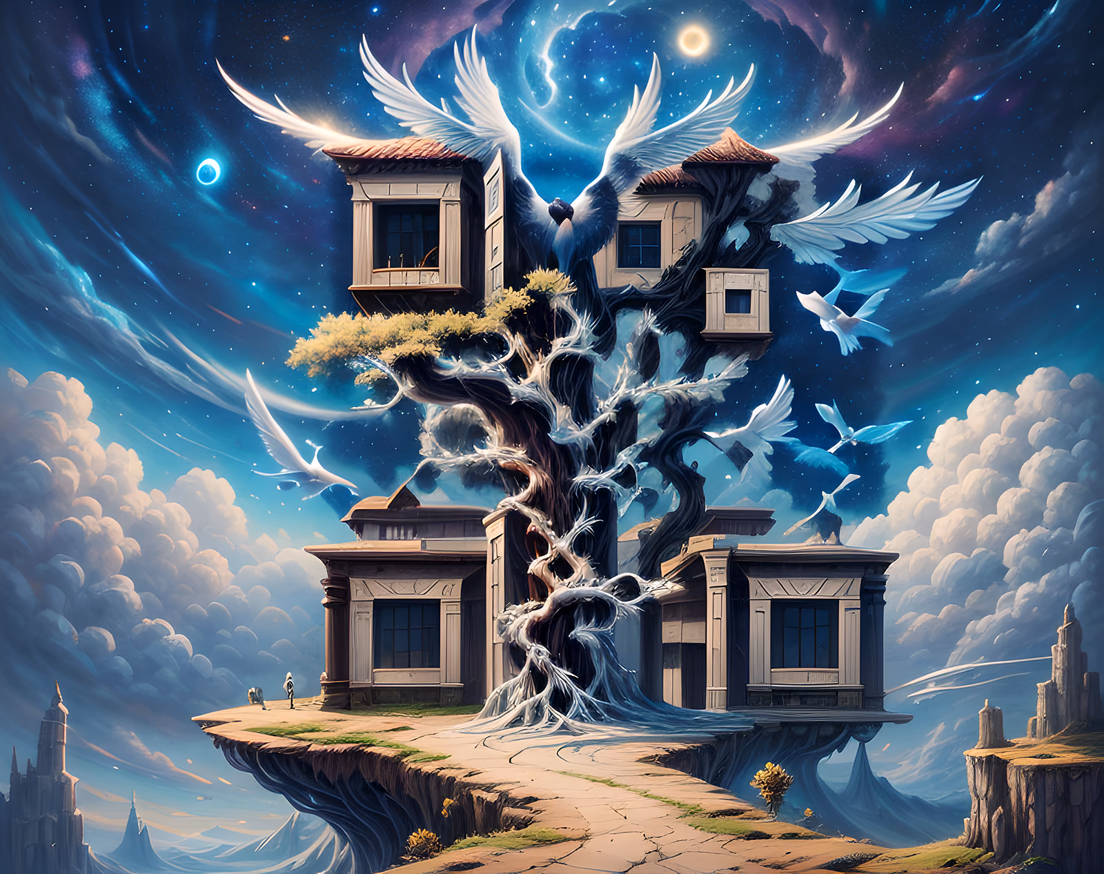 Домик на дереве и крылатая птица, фэнтези: QR-код — изображение 1