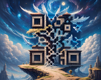 Домик на дереве и крылатая птица, фэнтези: QR-код — изображение 1