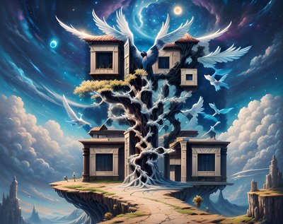Treehouse With Winged Bird Fantasy QR Code Art
