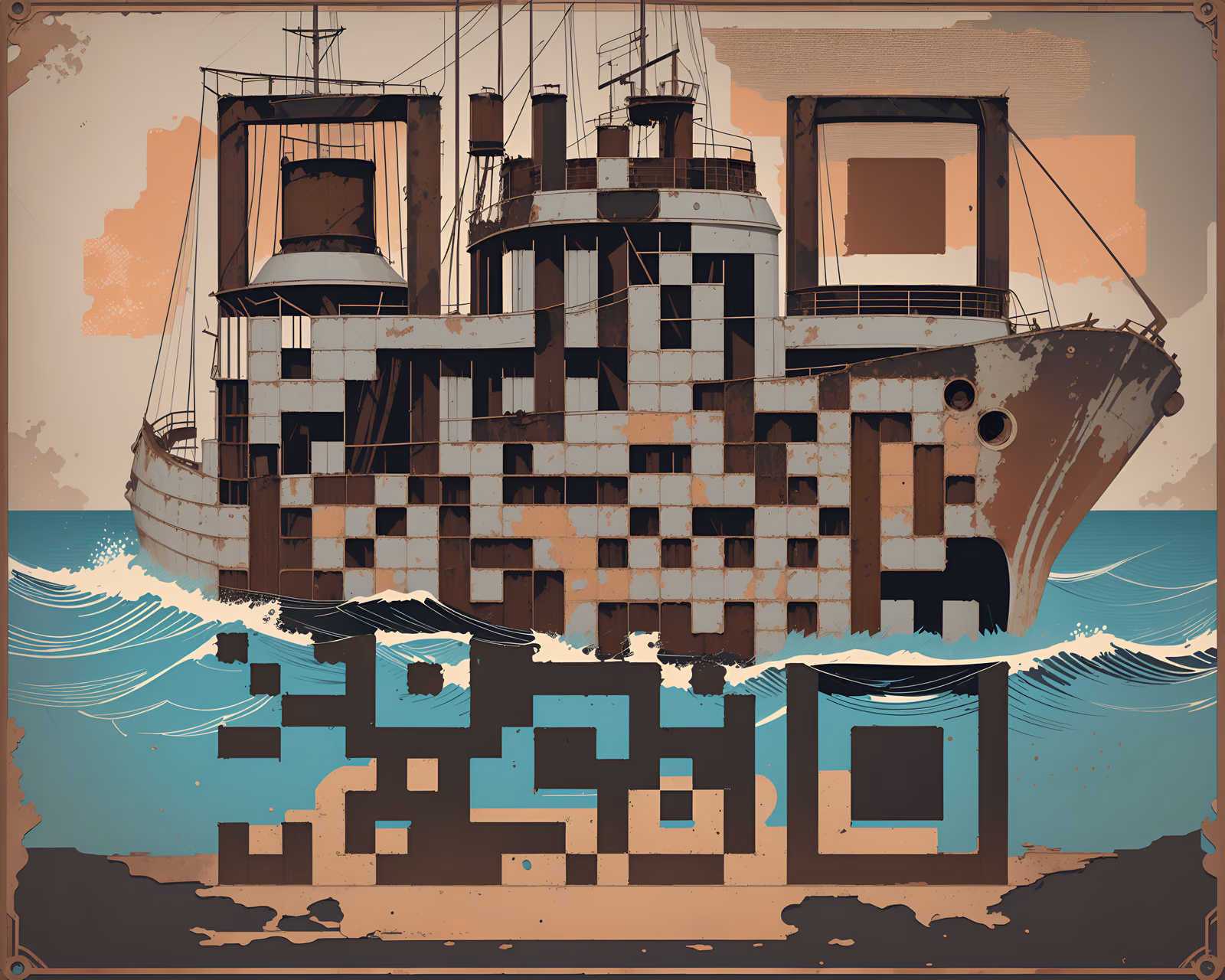 Ржавый пароход в ретро-векторе: QR-код для постеров — изображение 1