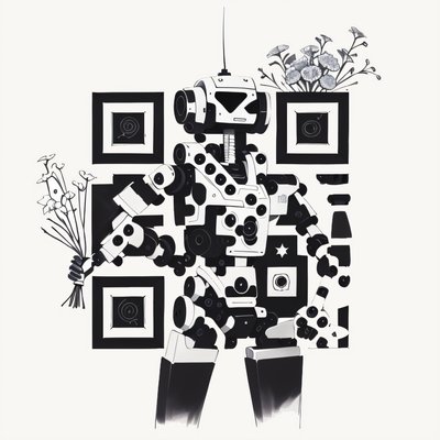 Quirky Robot Bouquet Ink Tattoo QR Code for Temporary Tattoos