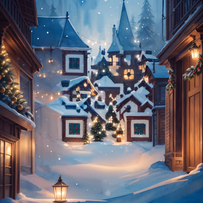 Snowy Christmas Village Digital Painting Concept Art QR Code for Greeting Cards — image 1