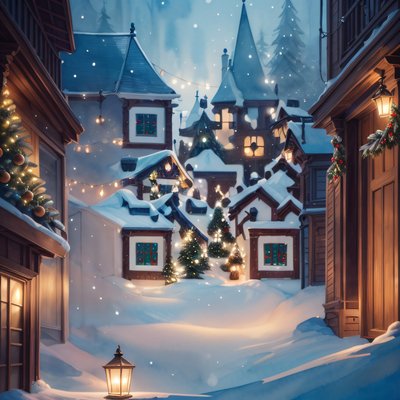 Snowy Christmas Village Digital Painting Concept Art QR Code for Greeting Cards