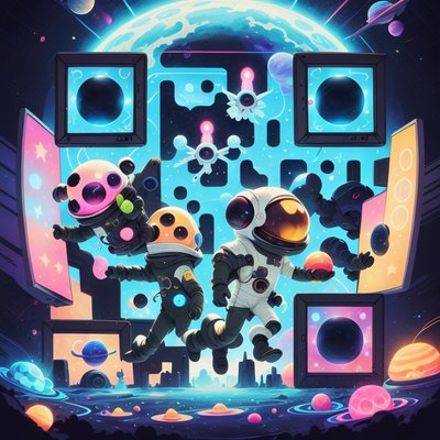 Мультяшные астронавты в неоновом космосе: QR-код для постеров