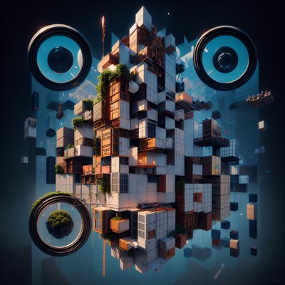 Парящий модульный город из кубов: сюрреалистичное QR-код искусство
