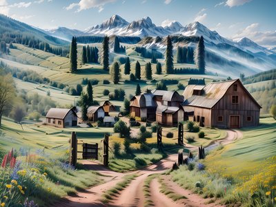 Mountain Barn Meadow Landscape QR Code Art