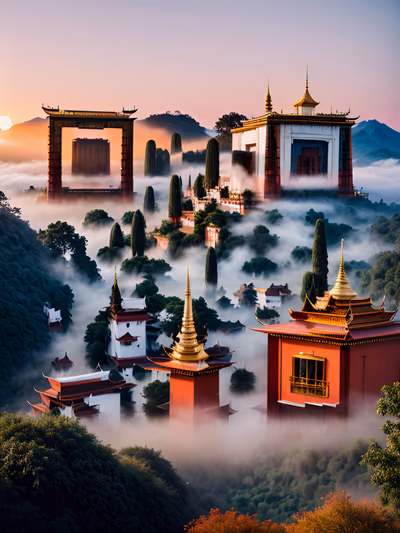 薄雾寺庙村落日出二维码艺术 — 图片 1