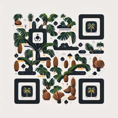 Тропические пальмы и кокосы: векторный QR-код для упаковки