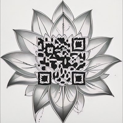 Black Ink Lotus Tattoo Symbol QR Code for Temporary Tattoos