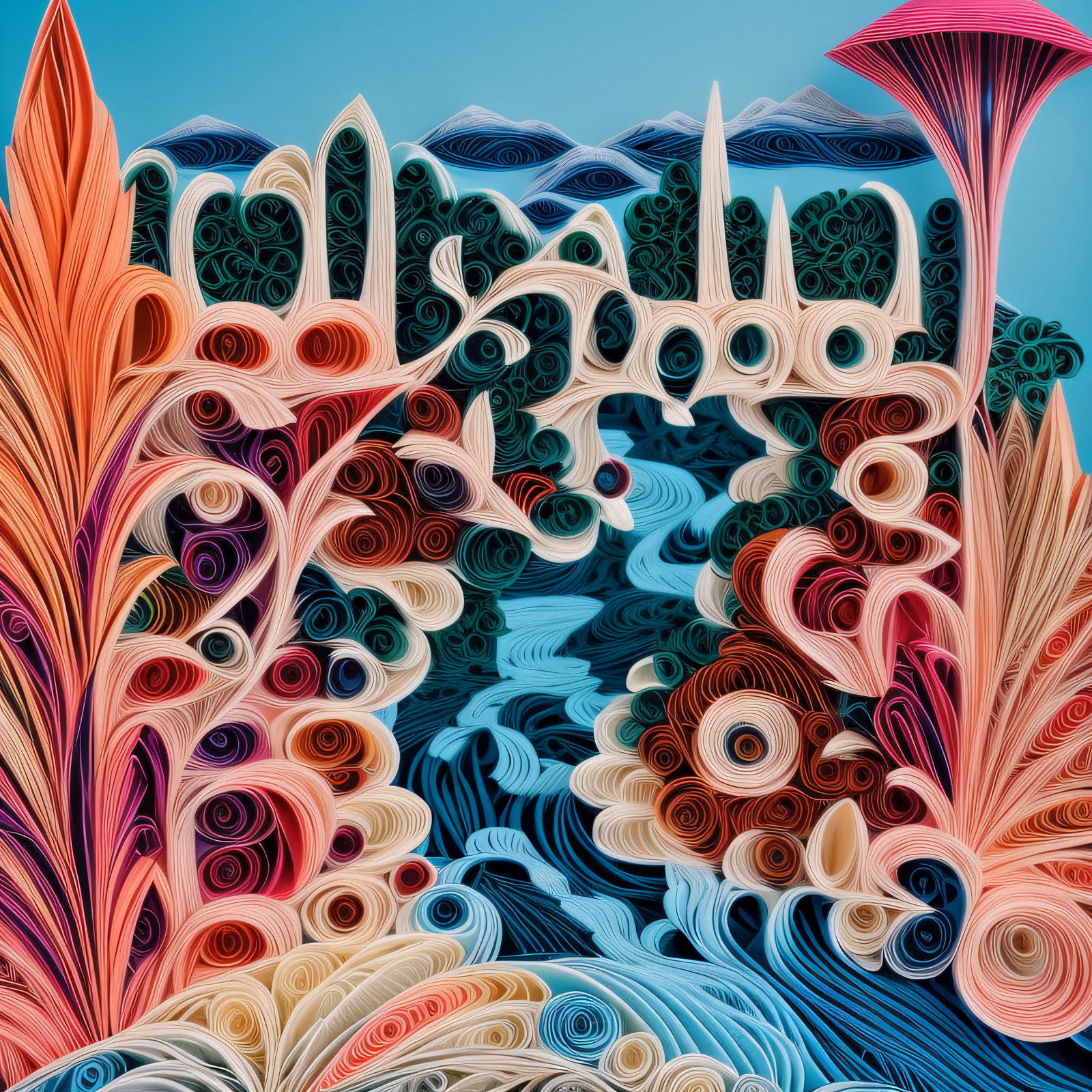 Paper Quilling River Forest Landscape QR Code Art — image 1