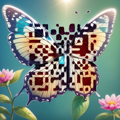 Бабочка и розовые цветы, цифровая живопись, QR-код