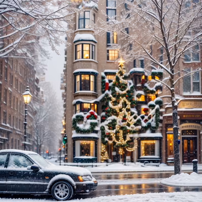 Snowy Christmas Street Photorealistic City QR Code for Greeting Cards — image 1