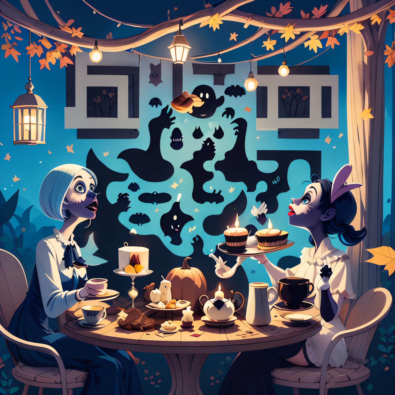 Ghostly Tea Party Cartoon QR Code for Event Invitations — image 1