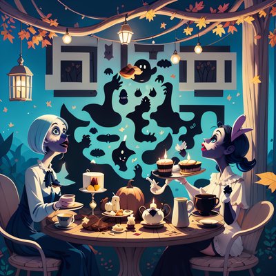 Ghostly Tea Party Cartoon QR Code for Event Invitations