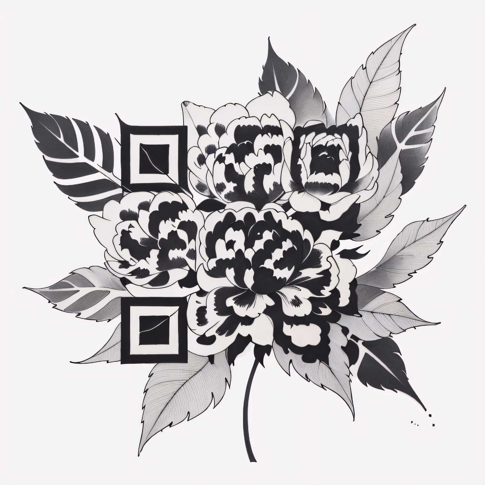 Black and White Peony Tattoo QR Code for Temporary Tattoos — image 1