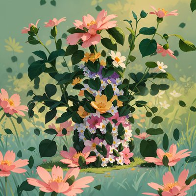 Pink Flower Meadow Digital Painting QR Code Art