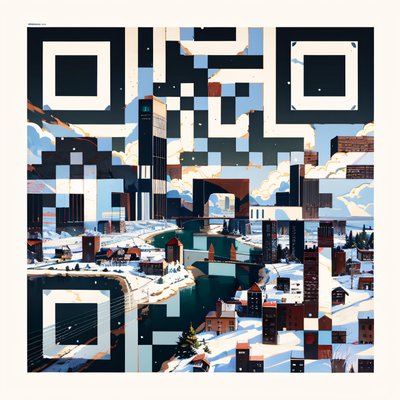 Заснеженный город у реки: цифровой пейзаж и QR-код