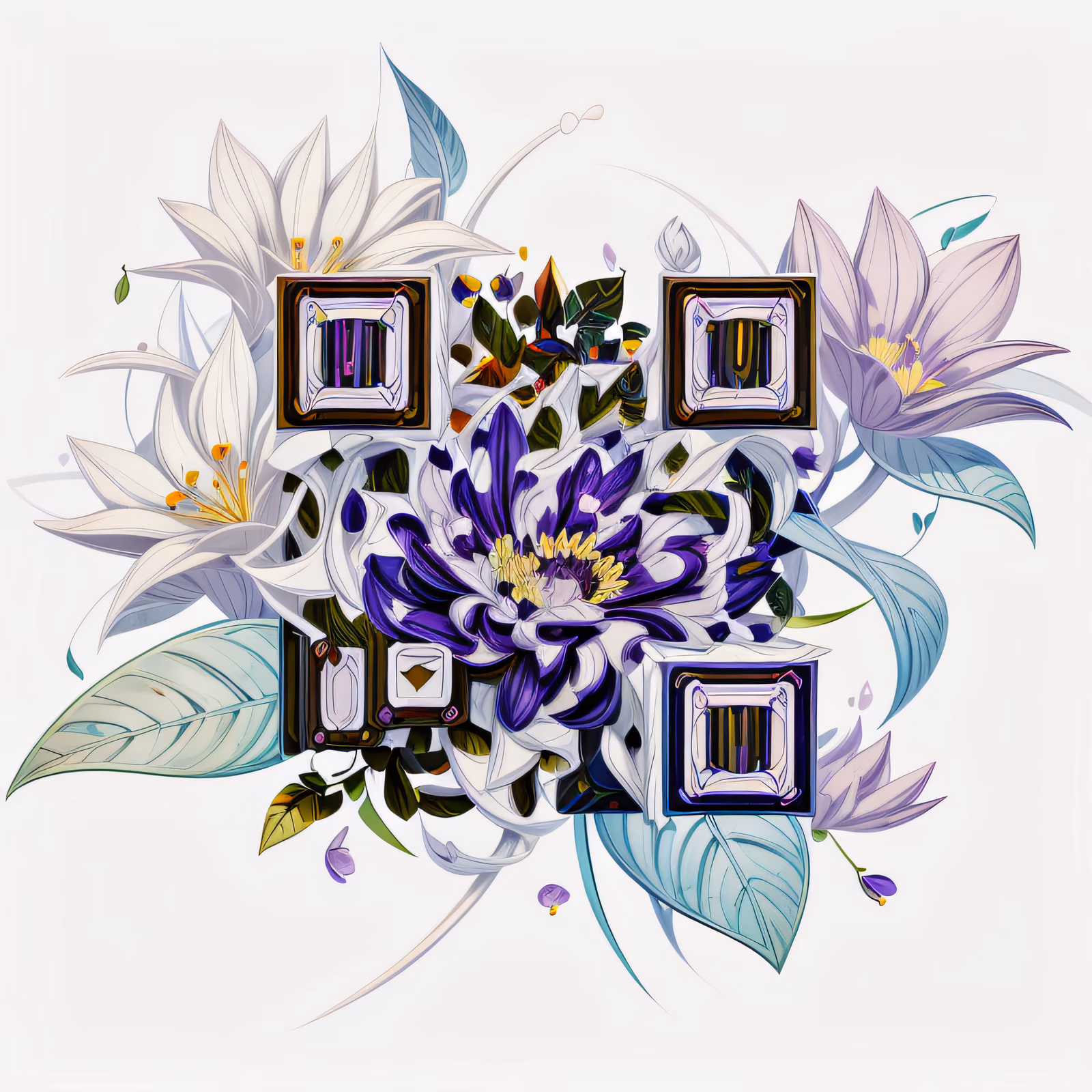 Букет фиолетовых лилий: цифровая иллюстрация, QR-код — изображение 1