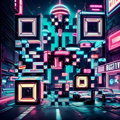 Neon Cyberpunk Street Scene QR Code for Posters