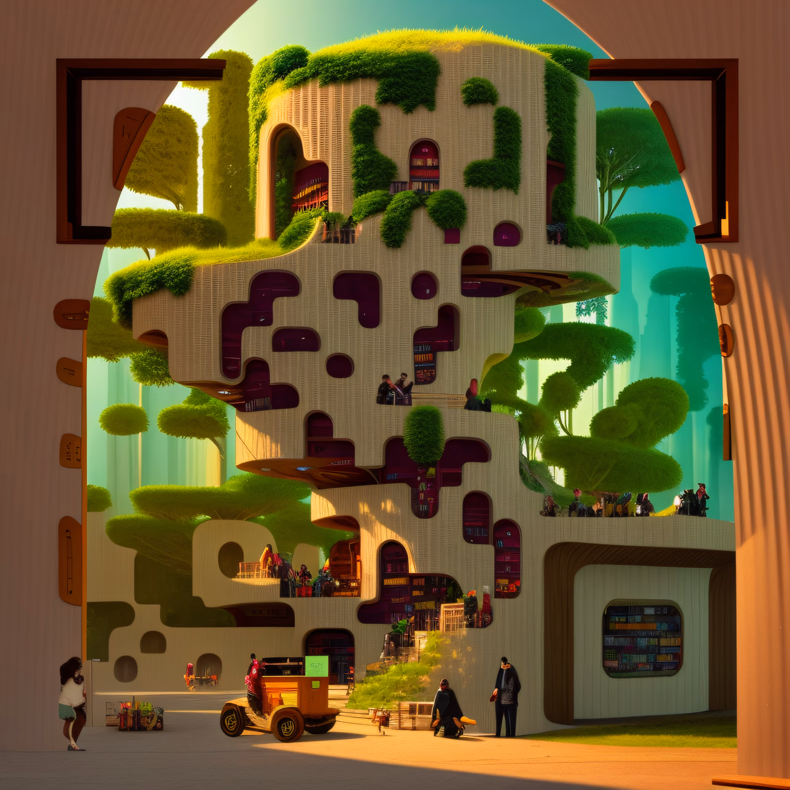 Solarpunk Library Tower 3D QR Code Art — image 1