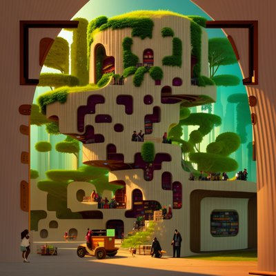 Solarpunk Library Tower 3D QR Code Art